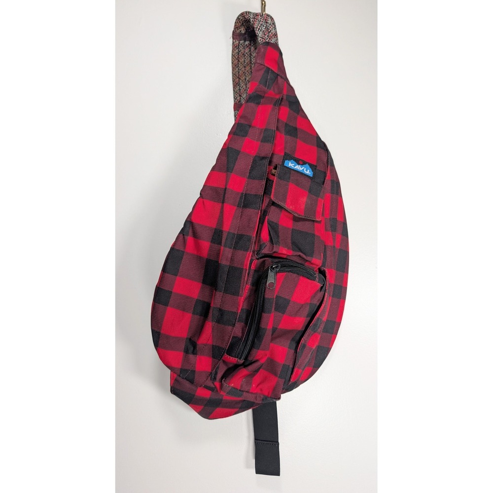 Kavu Rope Bag Sling Backpack Red Black Buffalo Plaid Canvas Crossbody Hiking